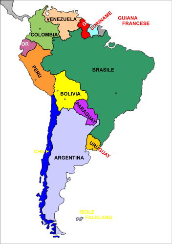 BRASILE VENEZUELA BOLIVIA PERU COLOMBIA PARAGUAY ARGENTINA ECUADOR GUYANA SURINAME GUIANA    FRANCESE URUGUAY CHILE ISOLE     FALKLAND Georgia del Sud e isole Sandwich