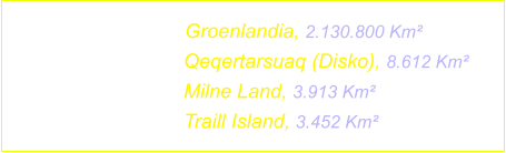 Isole principali:   	Groenlandia, 2.130.800 Km                               Qeqertarsuaq (Disko), 8.612 Km                               Milne Land, 3.913 Km                               Traill Island, 3.452 Km