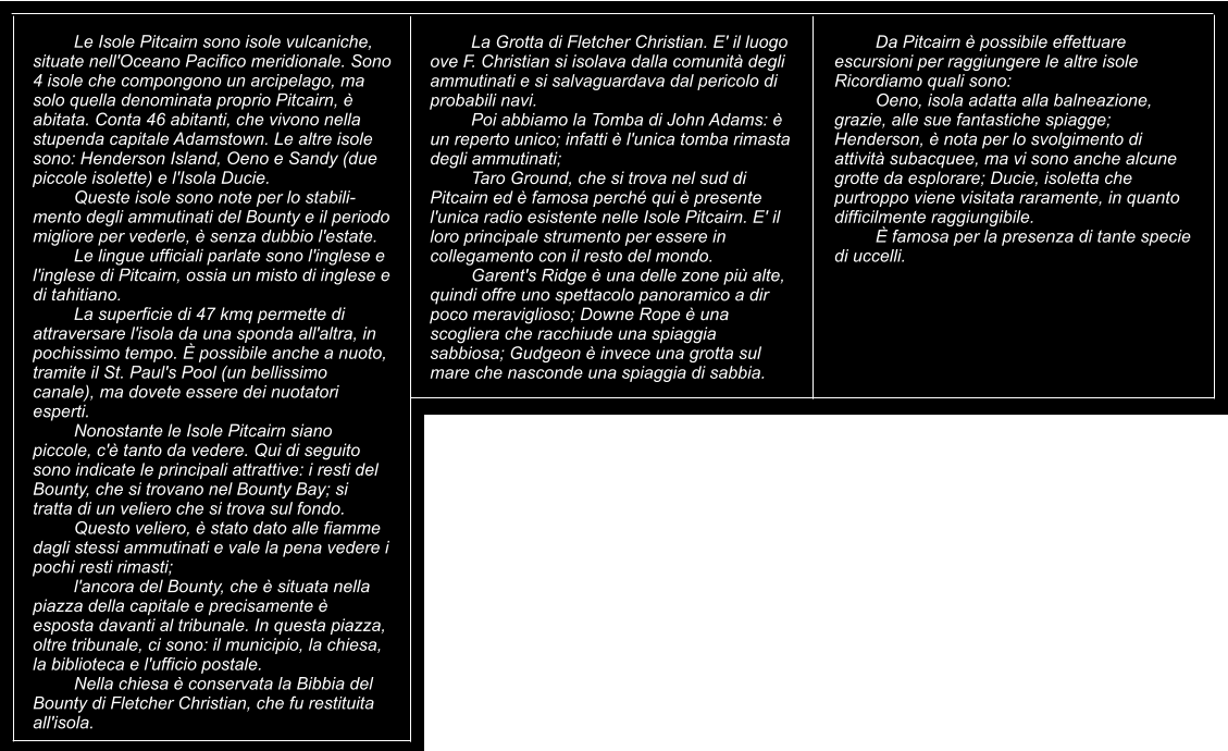 Le Isole Pitcairn sono isole vulcaniche, situate nell'Oceano Pacifico meridionale. Sono 4 isole che compongono un arcipelago, ma solo quella denominata proprio Pitcairn,  abitata. Conta 46 abitanti, che vivono nella stupenda capitale Adamstown. Le altre isole sono: Henderson Island, Oeno e Sandy (due piccole isolette) e l'Isola Ducie. Queste isole sono note per lo stabili-mento degli ammutinati del Bounty e il periodo migliore per vederle,  senza dubbio l'estate. Le lingue ufficiali parlate sono l'inglese e l'inglese di Pitcairn, ossia un misto di inglese e di tahitiano. La superficie di 47 kmq permette di attraversare l'isola da una sponda all'altra, in pochissimo tempo.  possibile anche a nuoto, tramite il St. Paul's Pool (un bellissimo canale), ma dovete essere dei nuotatori esperti. Nonostante le Isole Pitcairn siano piccole, c' tanto da vedere. Qui di seguito sono indicate le principali attrattive: i resti del Bounty, che si trovano nel Bounty Bay; si tratta di un veliero che si trova sul fondo. Questo veliero,  stato dato alle fiamme dagli stessi ammutinati e vale la pena vedere i pochi resti rimasti; l'ancora del Bounty, che  situata nella piazza della capitale e precisamente  esposta davanti al tribunale. In questa piazza, oltre tribunale, ci sono: il municipio, la chiesa, la biblioteca e l'ufficio postale. Nella chiesa  conservata la Bibbia del Bounty di Fletcher Christian, che fu restituita all'isola. La Grotta di Fletcher Christian. E' il luogo ove F. Christian si isolava dalla comunit degli ammutinati e si salvaguardava dal pericolo di probabili navi.  Poi abbiamo la Tomba di John Adams:  un reperto unico; infatti  l'unica tomba rimasta degli ammutinati; Taro Ground, che si trova nel sud di Pitcairn ed  famosa perch qui  presente l'unica radio esistente nelle Isole Pitcairn. E' il loro principale strumento per essere in collegamento con il resto del mondo. Garent's Ridge  una delle zone pi alte, quindi offre uno spettacolo panoramico a dir poco meraviglioso; Downe Rope  una scogliera che racchiude una spiaggia sabbiosa; Gudgeon  invece una grotta sul mare che nasconde una spiaggia di sabbia. Da Pitcairn  possibile effettuare escursioni per raggiungere le altre isole  Ricordiamo quali sono: Oeno, isola adatta alla balneazione, grazie, alle sue fantastiche spiagge; Henderson,  nota per lo svolgimento di attivit subacquee, ma vi sono anche alcune grotte da esplorare; Ducie, isoletta che purtroppo viene visitata raramente, in quanto difficilmente raggiungibile.   famosa per la presenza di tante specie di uccelli.